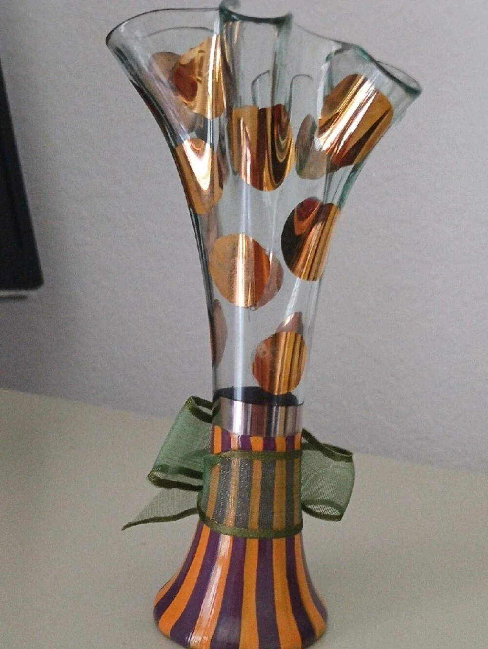MackenzieChilds Handblown Ruffled Glass Vase with Gold Dot Accents and Green Bow